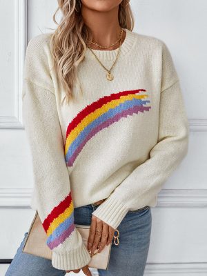 Women’s Rainbow Striped Jacquard Sweater – Autumn Winter Fashion