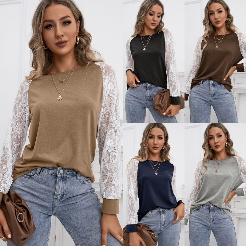Hollow Out Lace Stitching Long Sleeve Round Neck T-Shirt for Women - Image 4