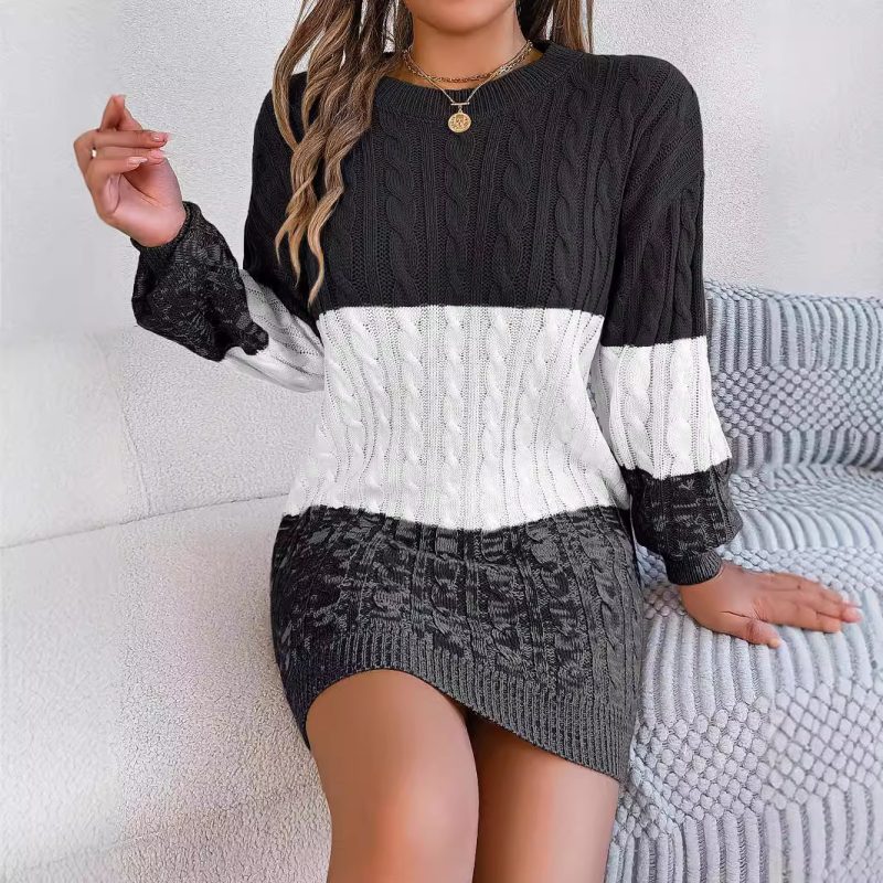 Casual Color Matching Twist Lantern Sleeve Woolen Dress for Women - Image 2