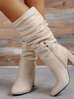 Fashionable High Top Chunky Heel Microfiber Boots for Women