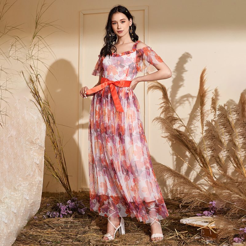 Women’s Shoulder Short Sleeve All-Matching High Waist Pleated Maxi Dress - Image 2