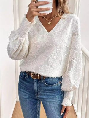 Elegant V-Neck Embroidered Lantern Sleeve White Shirt for Women