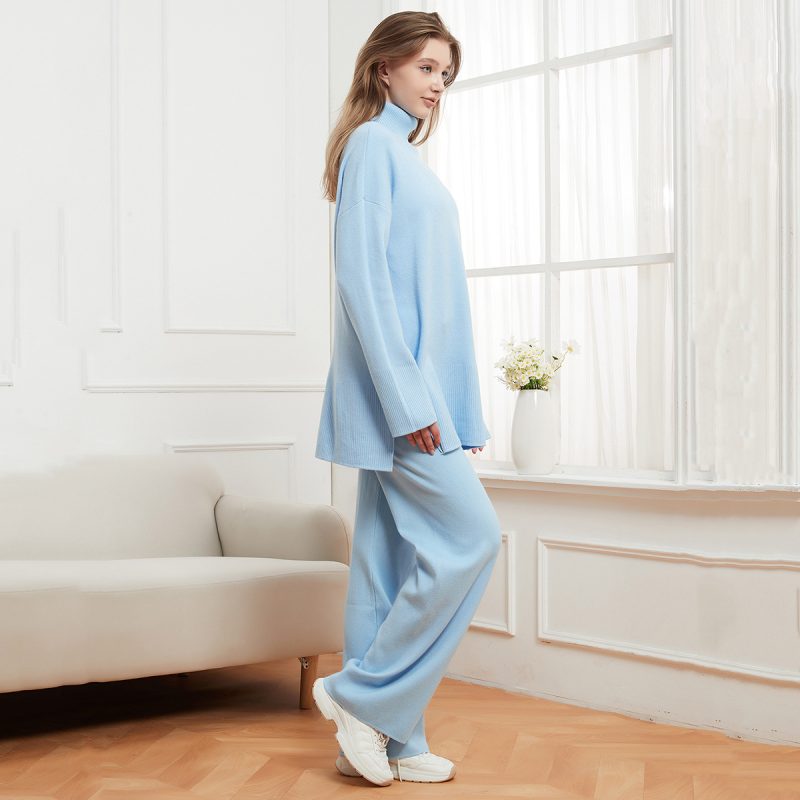 Solid Color Turtleneck Basic Loose Sweater and Trousers Casual Two-Piece Set for Women - Image 2