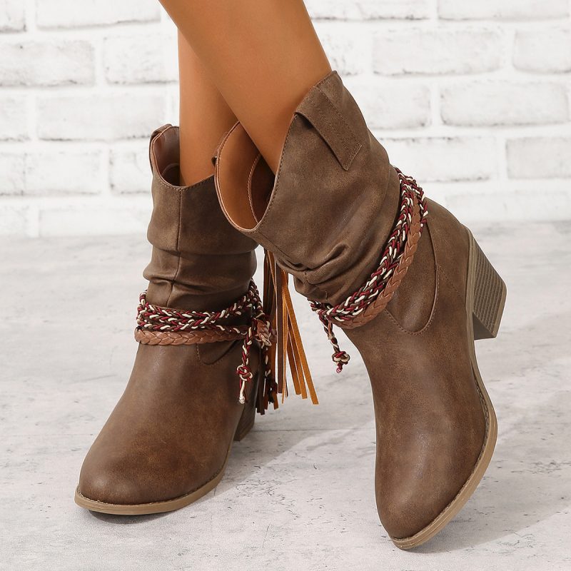 Women's Tassel Boots with Chunky Heels and Round Heads - Image 2