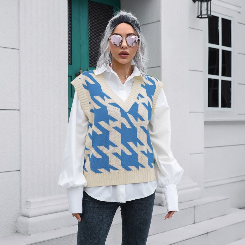 Houndstooth V-Neck Vest Sweater for Women – Autumn Winter Knitwear - Image 2