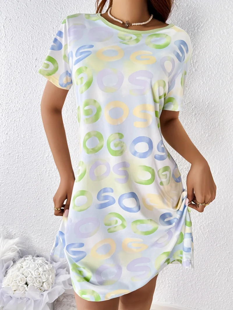 Letter Printed Short Sleeve O Neck Pajamas Women's Knee - Image 6