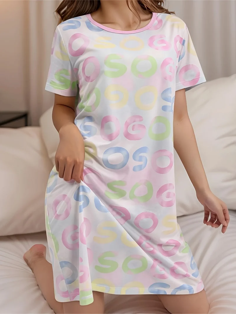 Letter Printed Short Sleeve O Neck Pajamas Women's Knee - Image 3
