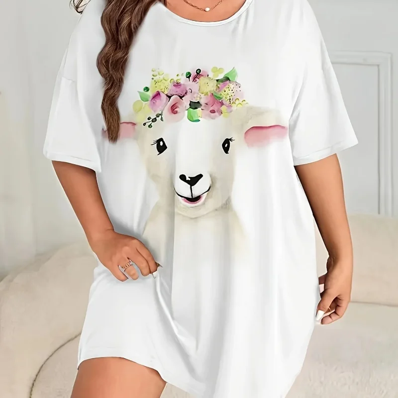Cute Wind Sheep Print Plus Size Women's Nightgowns Home Short Dresses - Image 3