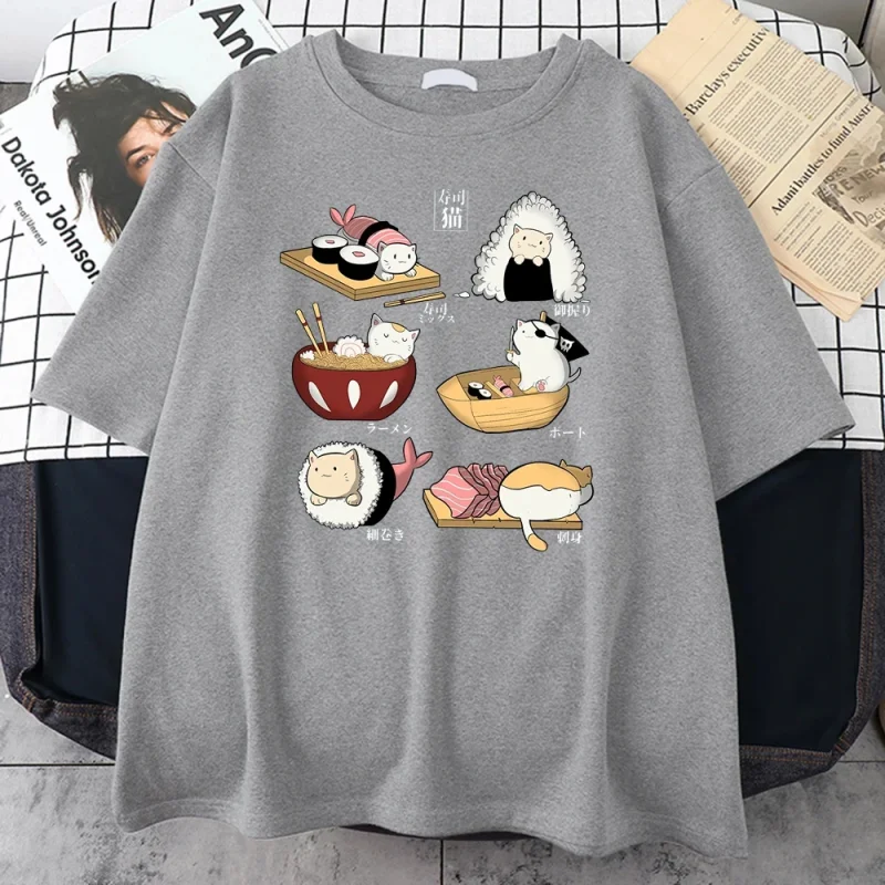 Gourmet Cute Cat Sushi Cartoon Style Men's Cotton Short Sleeve T-Shirt - Image 6