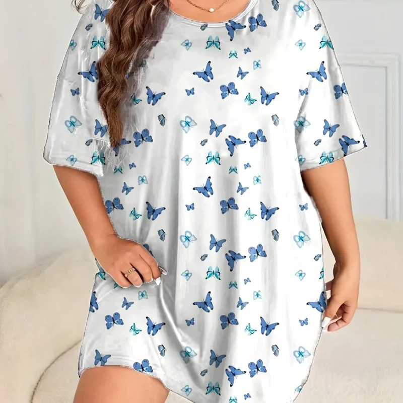 Size Casual Nightgown Women's Floral Printed Short Sleeve Round Neck - Image 2