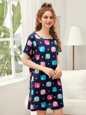 Women’s Stretchy Nightgown Oversized Short Sleeve Round Neck Dress