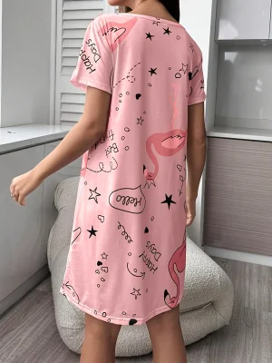 Letter Printed Pajamas Short Sleeve Round Neck Dress Pajamas Women’s Home Pajamas