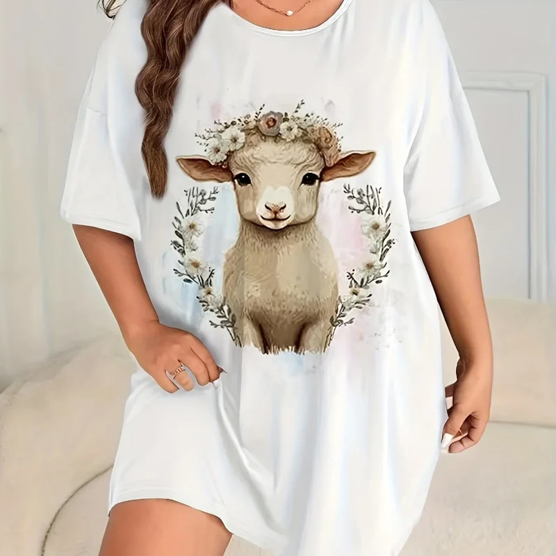 Cute Wind Sheep Print Plus Size Women's Nightgowns Home Short Dresses - Image 5