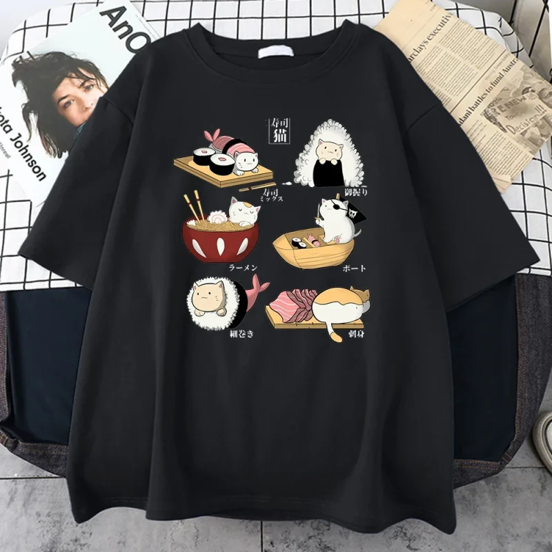 Gourmet Cute Cat Sushi Cartoon Style Men's Cotton Short Sleeve T-Shirt - Image 2