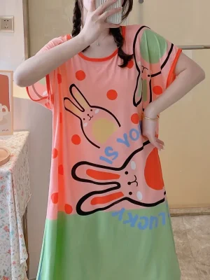 Cute Cartoon Slogan Printed Pajamas Short Sleeve Nightgown Girls Style