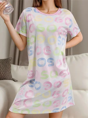 Letter Printed Short Sleeve O Neck Pajamas Women’s Knee