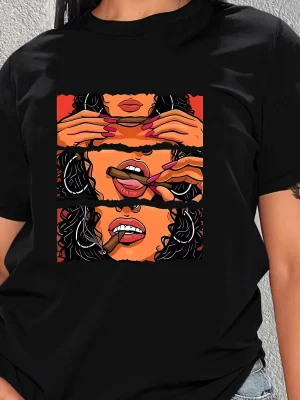 Cigar Lips Printed Ladies Cotton T-Shirt Plus Size Ladies T-Shirt Street Round Neck