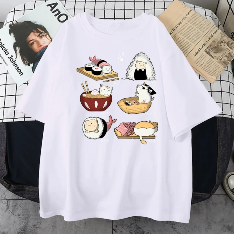 Gourmet Cute Cat Sushi Cartoon Style Men's Cotton Short Sleeve T-Shirt - Image 4