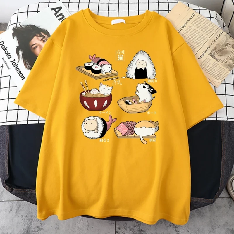 Gourmet Cute Cat Sushi Cartoon Style Men's Cotton Short Sleeve T-Shirt