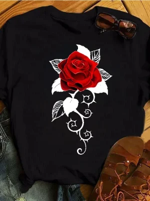 Women’s Cotton T-shirt Fashion Women’s T-shirt Rose Printed Daily Casual T-shirt