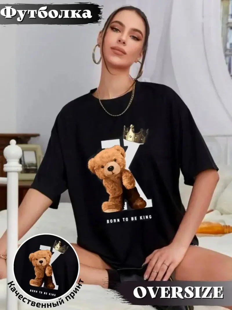 Cute Rabbit Print Women Plus Size Cotton T-Shirt Street Loose Hip Hop Shirt - Image 3
