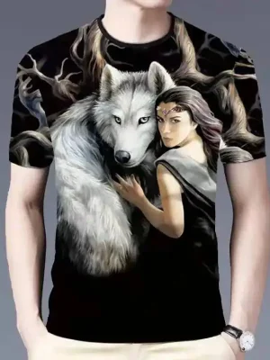 T-shirt 3D Beauty and Wolf Print Street Fashion Hip Hop T-shirt Short