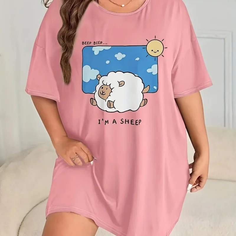 Cute Wind Sheep Print Plus Size Women's Nightgowns Home Short Dresses - Image 4