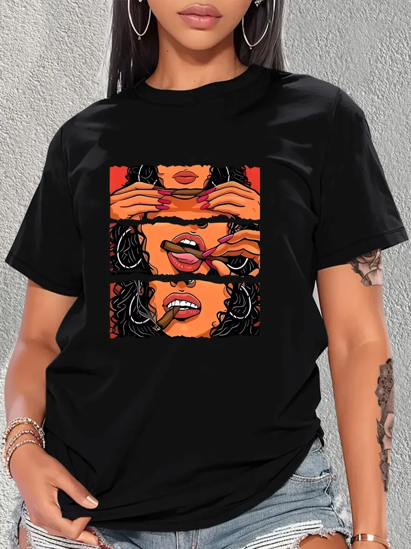 Cigar Lips Printed Ladies Cotton T-Shirt Plus Size Ladies T-Shirt Street Round Neck - Image 2