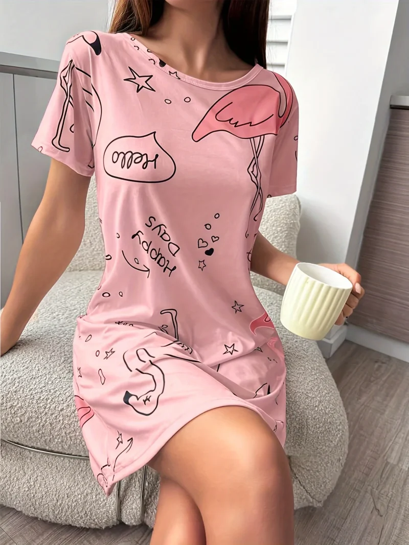 Letter Printed Pajamas Short Sleeve Round Neck Dress Pajamas Women's Home Pajamas - Image 3
