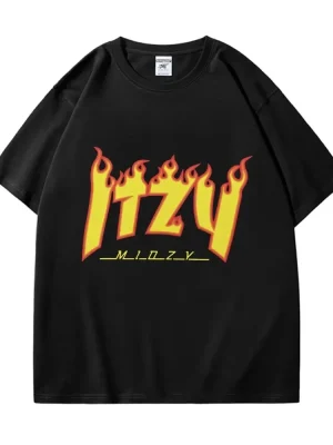 Ladies Summer Street Fashion Cotton T-Shirt Top Kpop ITZY Flame Graphic