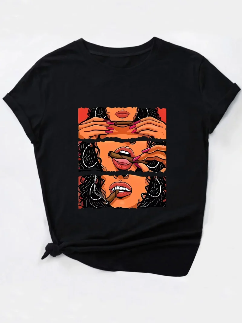 Cigar Lips Printed Ladies Cotton T-Shirt Plus Size Ladies T-Shirt Street Round Neck - Image 4