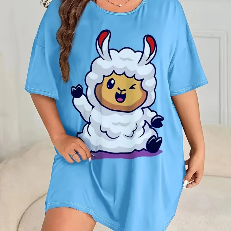 Cute Wind Sheep Print Plus Size Women's Nightgowns Home Short Dresses - Image 2