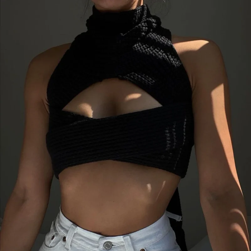 Women Sweater Vest Hollow Out Cross Bandage Diy Sexy Sweater - Image 12