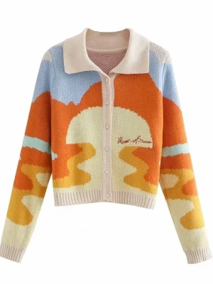 Women Autumn Vintage Sunshine Print Short Knitted Cardigan Sweater