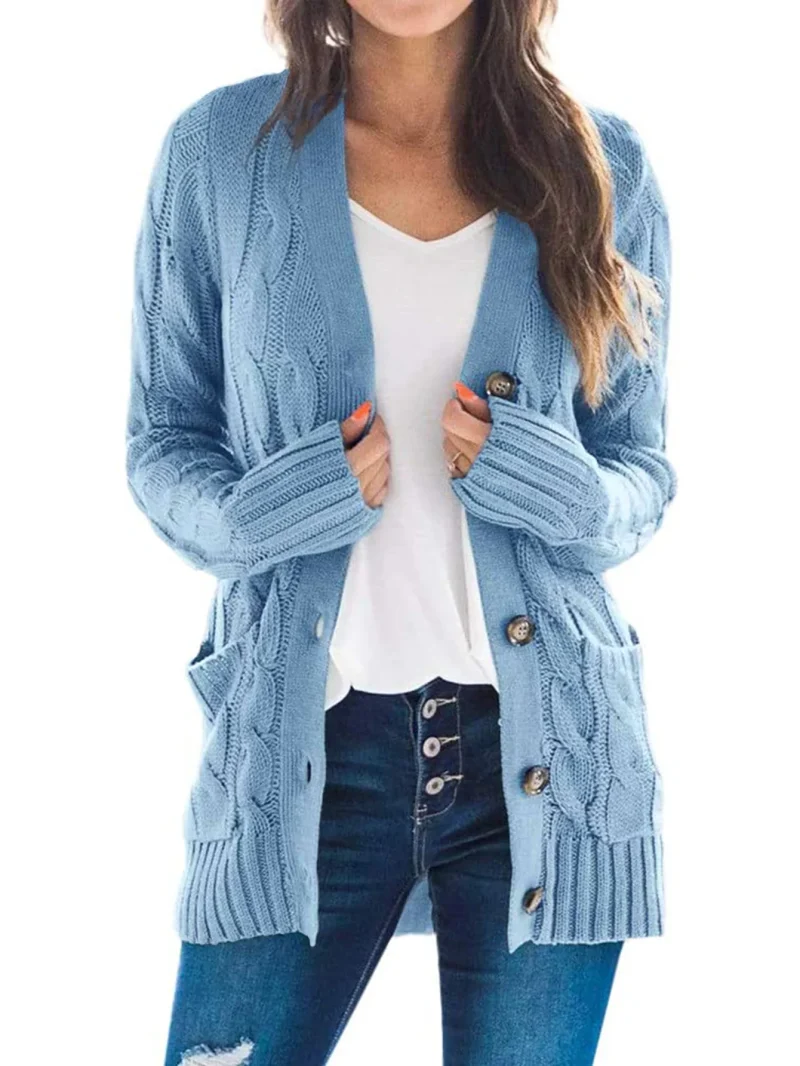 Winter Cardigan Women V Neck Single Breasted Solid Knitted Sweater Coat - Image 10