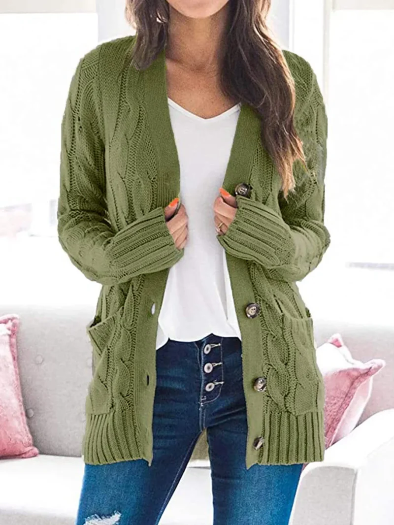 Winter Cardigan Women V Neck Single Breasted Solid Knitted Sweater Coat - Image 12