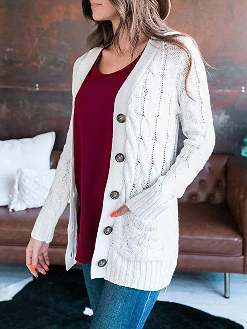 Winter Cardigan Women V Neck Single Breasted Solid Knitted Sweater Coat - Image 18