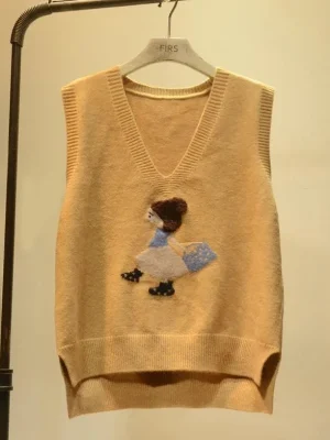 Sleeveless Cartoon Sweater Vest Women V Neck Knitwear