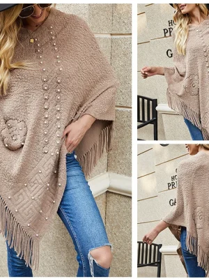 Women Oversized Cloak Shawl Sweaters Pearls Patchwork