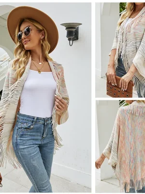 Rainbow Knitted Tassel Cardigan Poncho Coats Female Capes Pullover