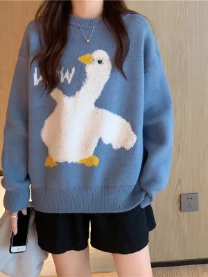 Cartoon Duck Print Knitted Sweater Women Sweet Cute