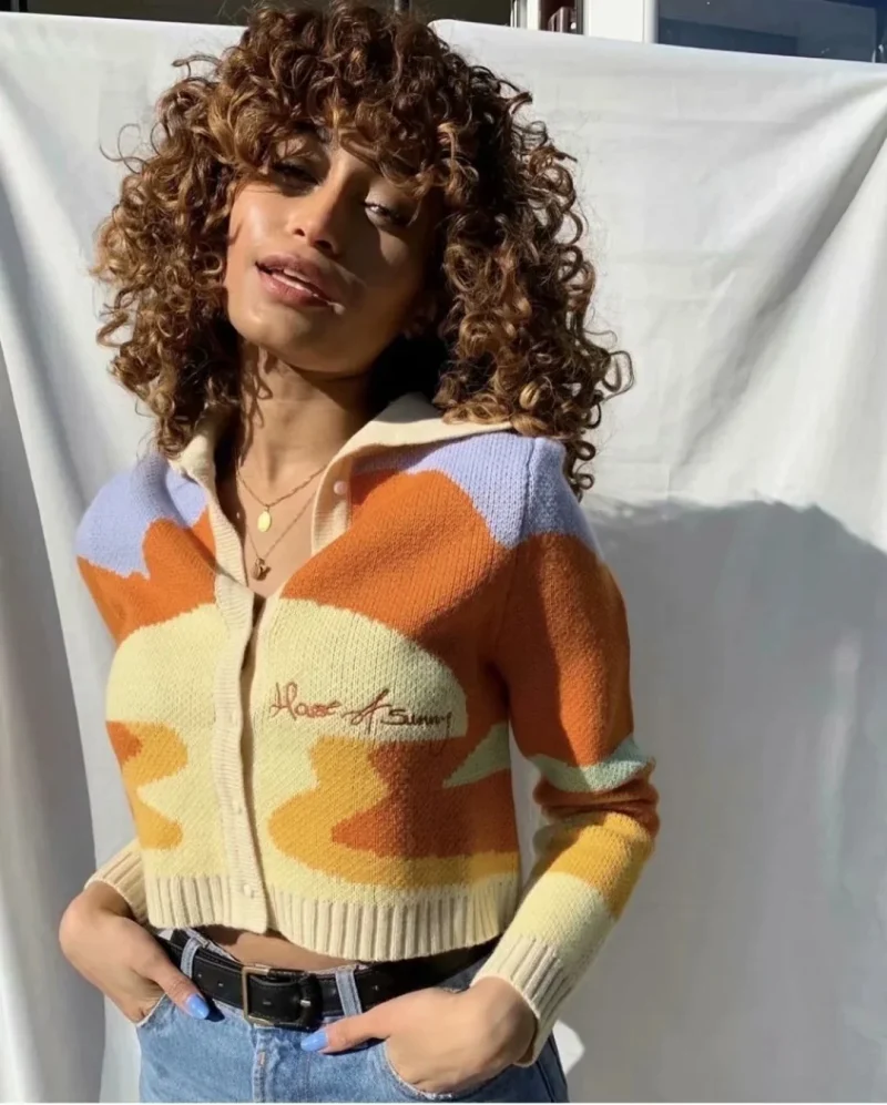 Women Autumn Vintage Sunshine Print Short Knitted Cardigan Sweater - Image 10