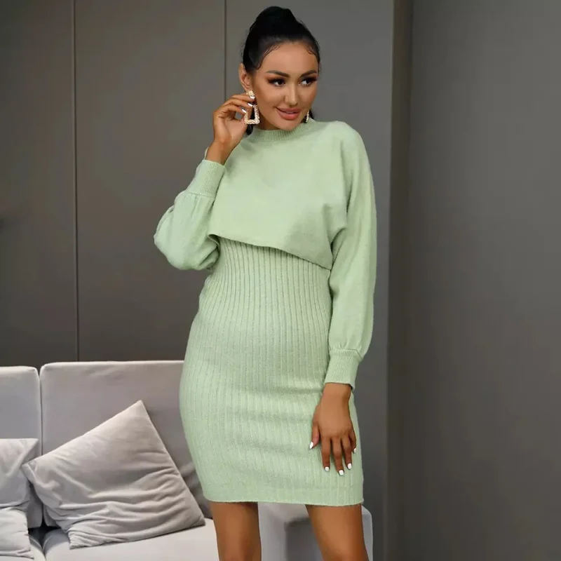 Fashion Kniited Pullover And Dress Sweater Two Piece Set Solid Color - Image 4