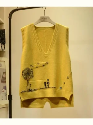 Sleeveless V Neck Pullover Female Korean Fashion Knitted Sweater