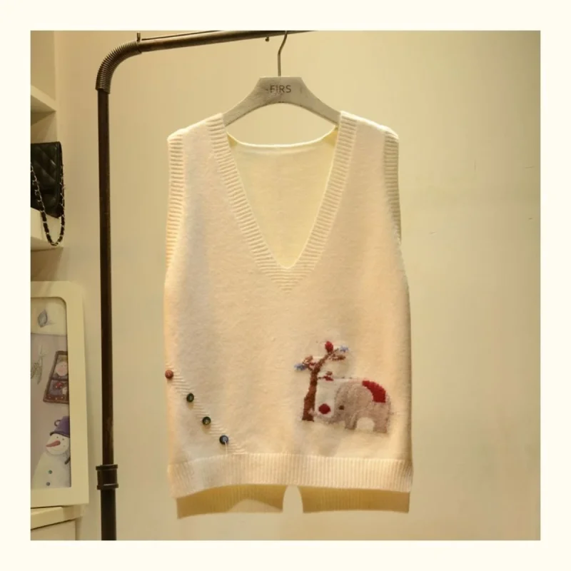 Cute Cartoon Sleeveless V Neck Sweater Vest Women Korean Fashion Knitted - Image 7