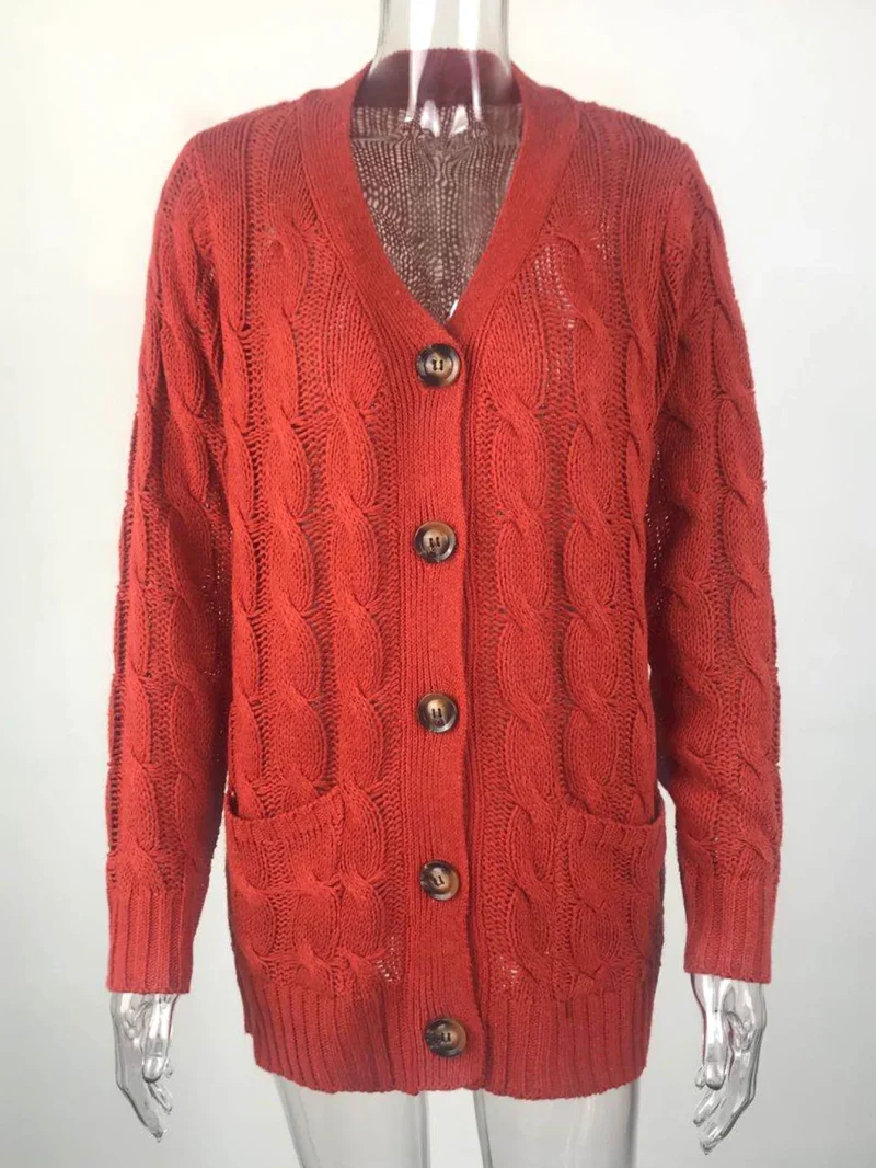 Winter Cardigan Women V Neck Single Breasted Solid Knitted Sweater Coat - Image 19