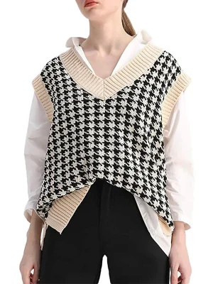 Sleeveless Geometric Houndstooth Sweater Vest Women