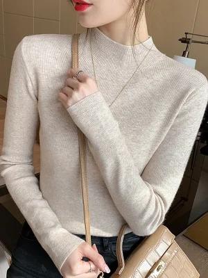 Turtleneck Warm Women Sweaters Korean Knitted Slim Office Long Sleeve