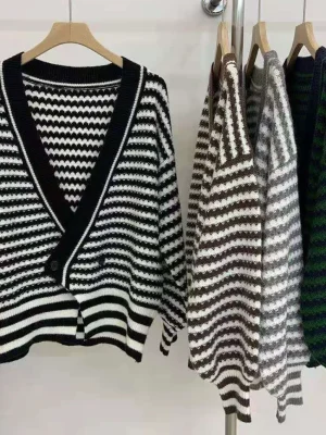 Women Cardigans 2024 Korean Style Striped Knitted Sweater