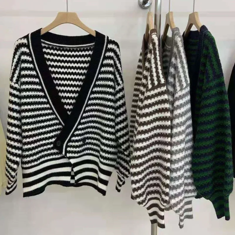 Women Cardigans 2024 Korean Style Striped Knitted Sweater